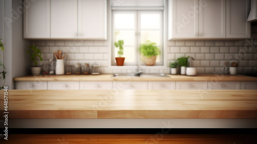 Wooden tabletop counter in front of bright modern kitchen