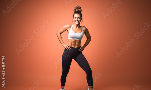 Young woman in fitness clothes standing with arms on her hips on orange background