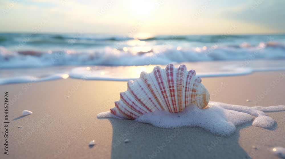 A beautiful seashell glowing in the golden light of a sunset on a sandy beach A beautiful seashell glowing in the golden light of a sunset on a sandy beach