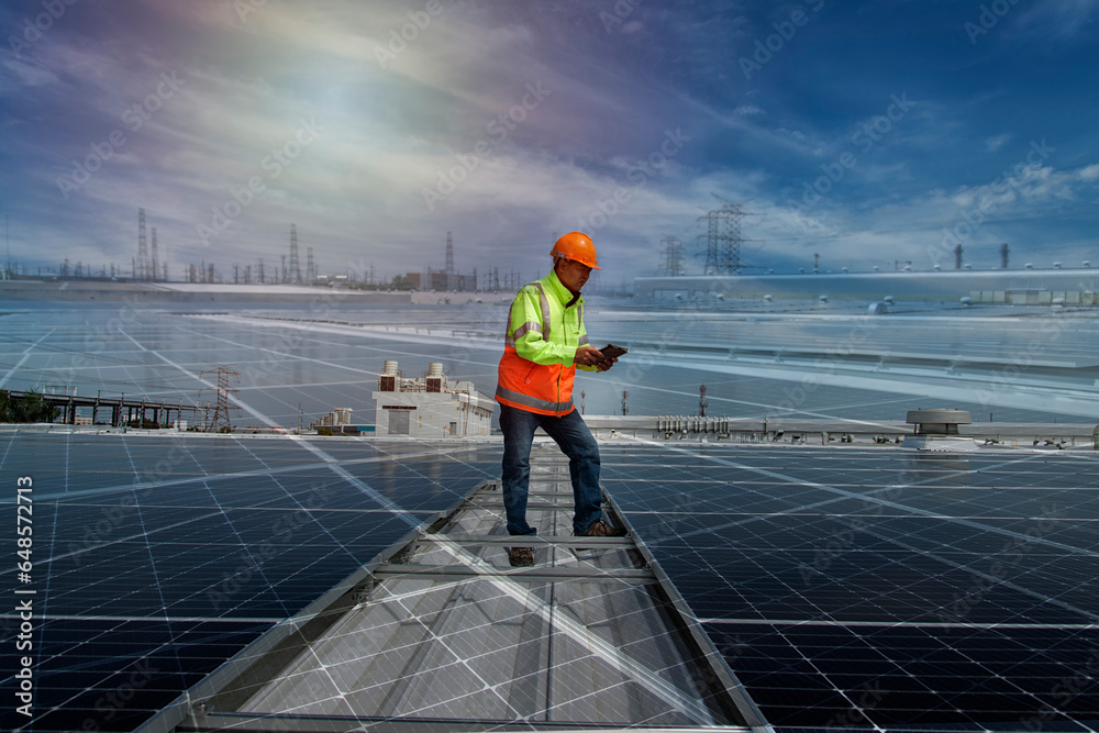 engineer checking solar energy panel installation on roof top. engineer checking solar energy panel installation on roof top.