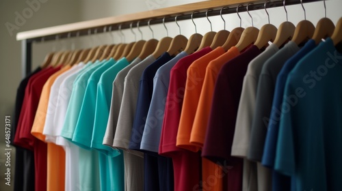 A colorful display of shirts hanging on a wall rack photo