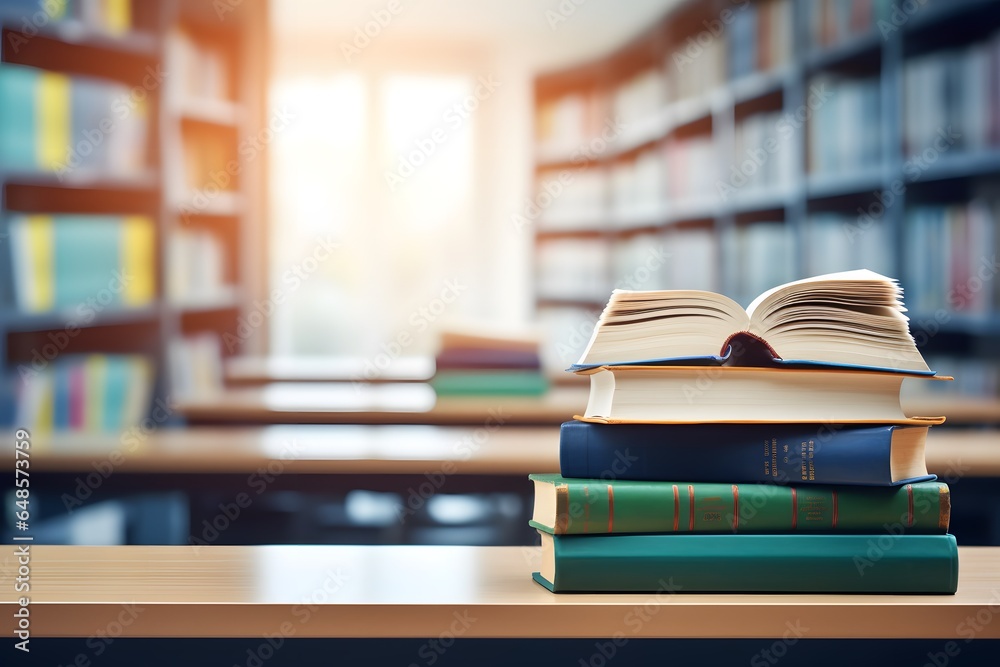 Book open in library with bookshelves, Book open in library with bookshelves,