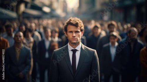 Businessman standing on blurred crowd at the street, Success business concept.