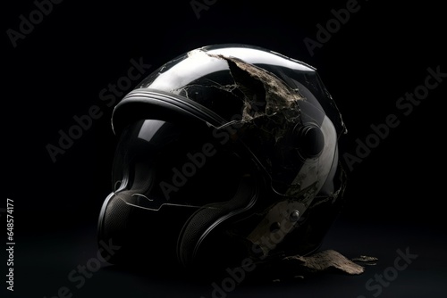 Broken motorcycle helmet object. Generate Ai