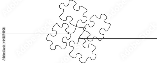continuous single line drawing of jigsaw puzzle pieces, solving complex problem line art vector illustration
