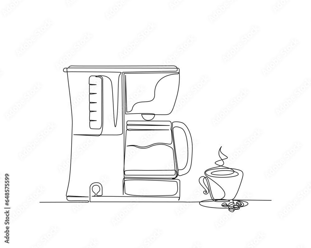Vecteur Stock Continuous one line drawing of coffee maker machine with a cup coffee. Coffee