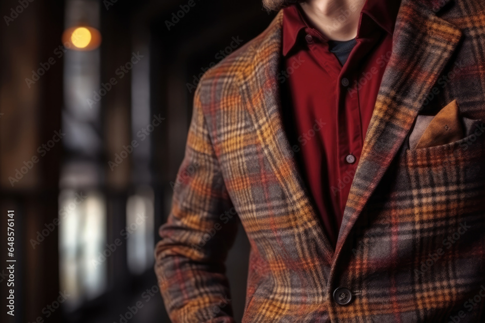 Man Classic Suit in gray brown color and dark red cotton Shirt. Men's clothing. Autumn Men's fashion look