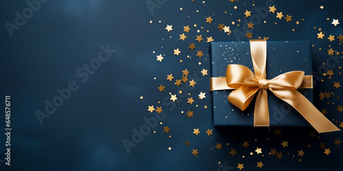 elegant blue gift box with golden bow on dark blue background, space for greeting card