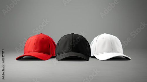Set of blank white, black and red baseball cap mockup template isolated on grey, clipping path.