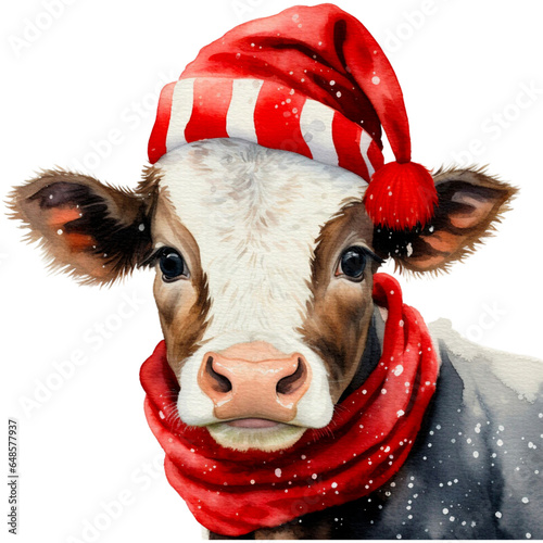 watercolor portraits of a Cute cow with a Santa hat, a Cute and funny cow wearing a Santa Red hat isolated on a transparent background, a Concept Christmas card,