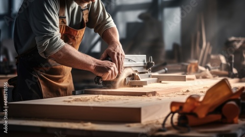 Focused carpenter at work with wooden plank at factory, Carpenter worker concept.