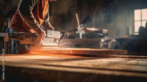 Focused carpenter at work with wooden plank at factory, Carpenter worker concept.