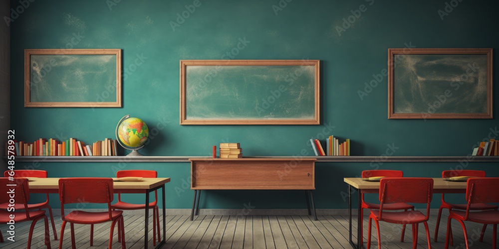 A classroom with tables and chairs. No students. Empty classroom. Blackboard. Globe of the earth. Study. School life. Old style school. Education. Nostalgia.
