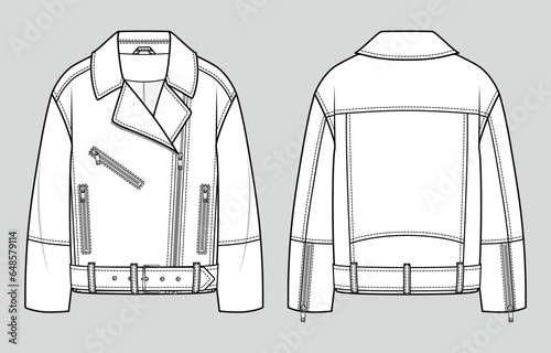 Oversized biker leather jacket. Unisex style. Fashion sketch. Flat technical drawing. Vector illustration.