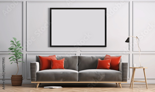 modern living room with grey sofa and red pillows against a white wall, black frame mockup