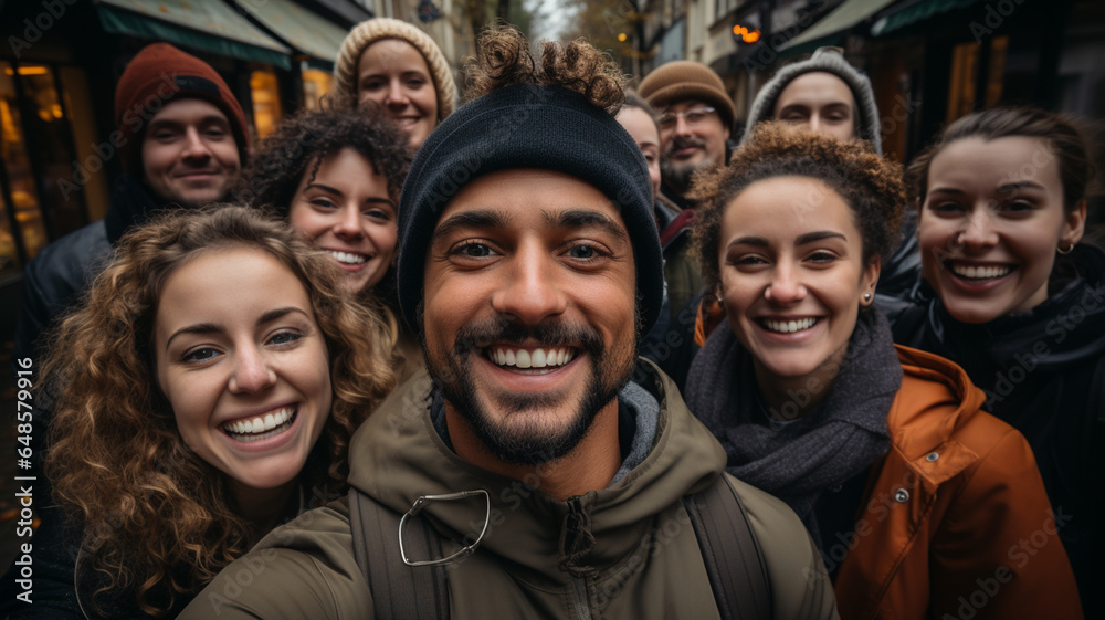 friends taking selfie on the street