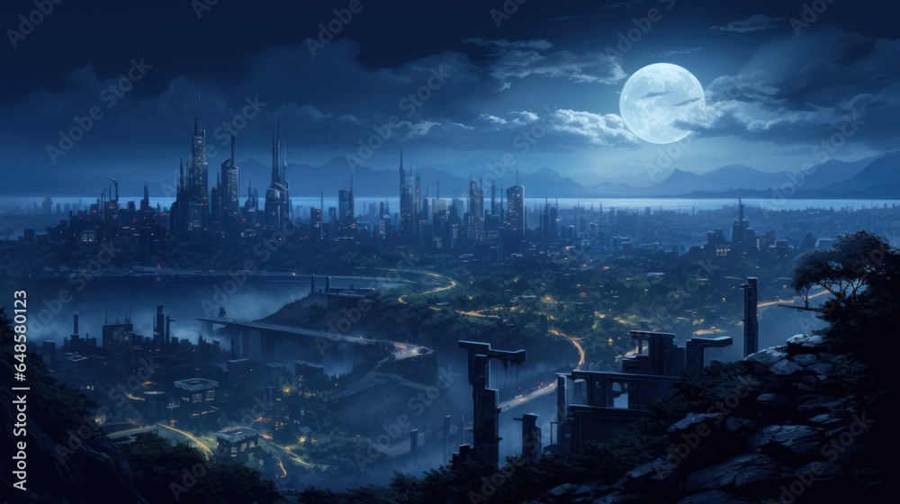 View from a hill of the beautiful city at night game art