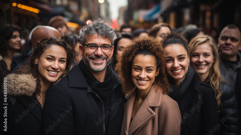 group of happy young people standing in front of camera