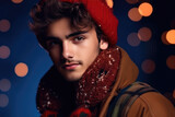 Portrait of a Young Man in knitted Red Hat and scarf on a Christmas lights Background