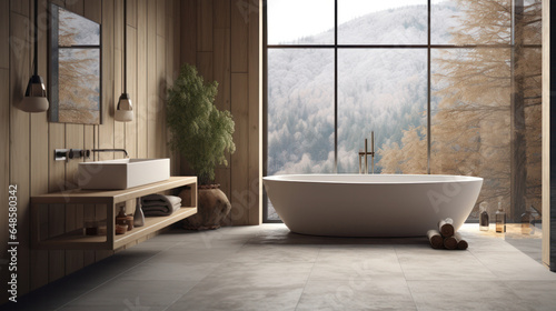 Embracing Japandi Aesthetics  A Bathroom Featuring Warm Wooden Tones  a Freestanding Bathtub  Large Windows  Concrete Walls  and Parquet Flooring  Inspired by Farmhouse Interior Design.