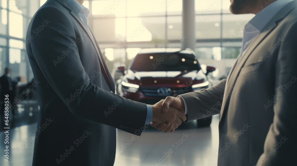Car Dealership Success The Manager Shakes Hands with a Happy Buyer