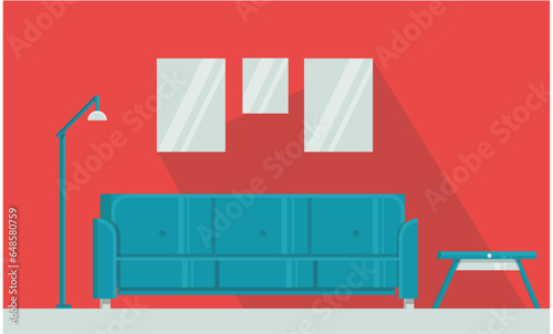 Flat modern living room interior with furniture couch sofa table lamp. Home design concept objects vector illustration