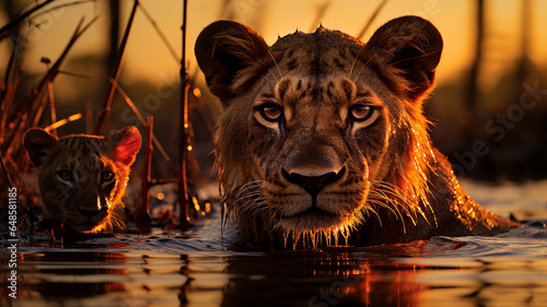 a lion in the lake
