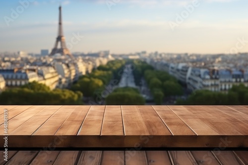 Empty table surface blurred Landmarks around the world in the background. Generative AI.