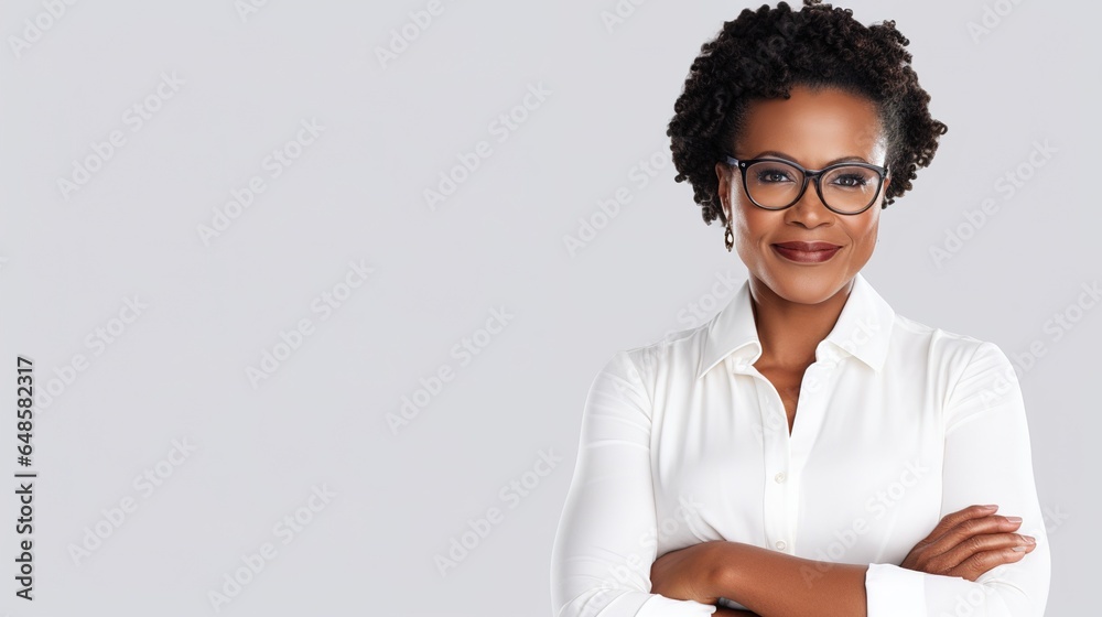 Senior Business woman with arms crossed on white background. generative ai Senior Business woman with arms crossed on white background. generative ai