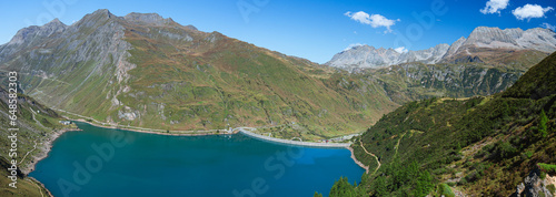 Lake Morasco, in the Upper Val Formazza, during a day of late summer, near the town of Riale, Piedmont, Italy - September 2023.