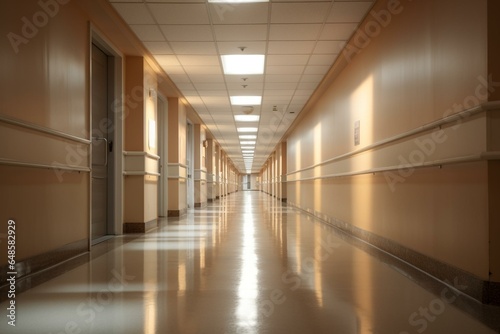 Blurred upscale hospital corridor with obscure ambiance. Generative AI