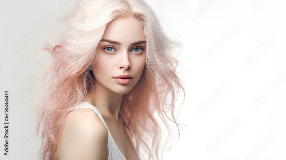 Fototapeta premium close-up portrait of a young woman looking at the camera on a white background, clean fresh skin, face care, facial treatment, cosmetology, beauty, and spa