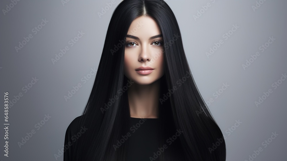 Fototapeta premium Pretty face of young woman with long white hair - posing at studio over gray background. generative ai