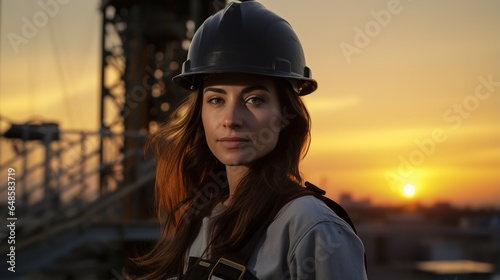 beautiful woman civil engineer close up portrait in front of a sunset background. generative ai