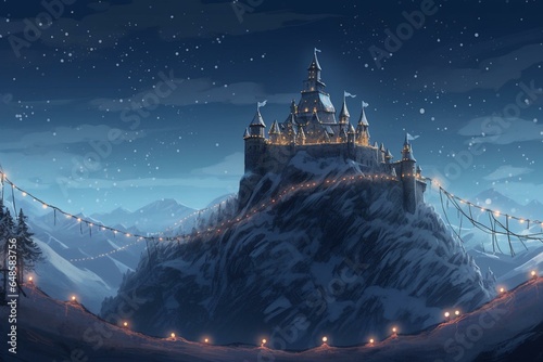 Illustration of a frozen light castle adorned with Christmas garland on a wintery night hill, featuring a historic medieval fortress in the background. Generative AI photo