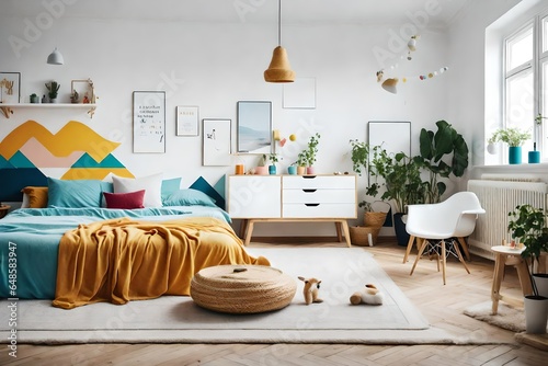 a kid-friendly Scandinavian bedroom with playful, colorful furniture and decor  photo