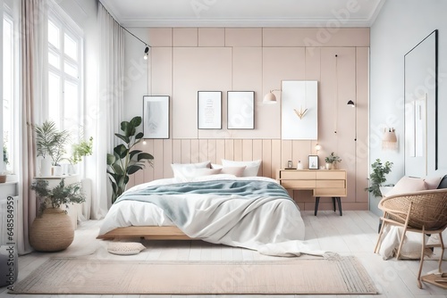 Design a Scandinavian bedroom with a soft pastel color palette  photo