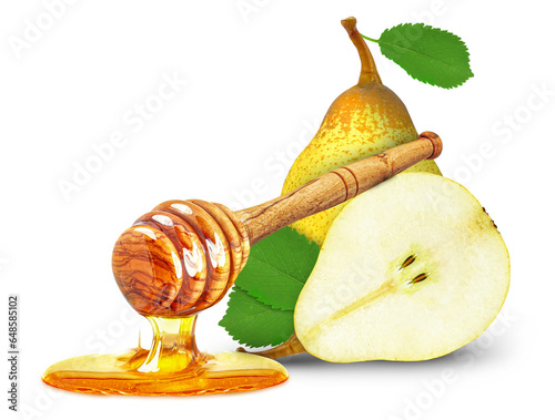 dripping honey on pear isolated on white background