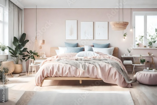 Design a Scandinavian bedroom with a soft pastel color palette  photo