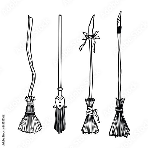 Black silhouette of witch broom. Halloween party. Isolated image of sorceress accessory. Wizard besom