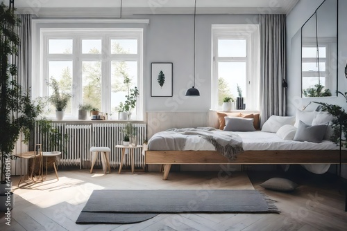 a Scandinavian bedroom with a window seat for relaxation and reading  photo