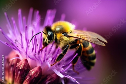 A bee on a purple flower in a wallpaper design. Generative AI