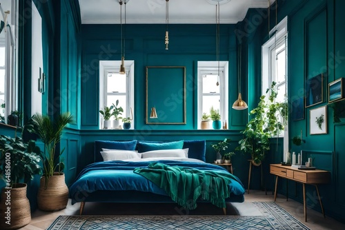 a vibrant Scandinavian bedroom using jewel tones like emerald green and sapphire blue  photo