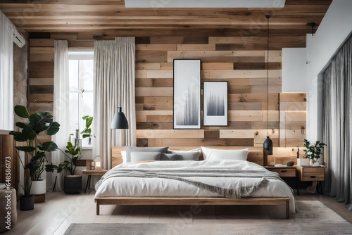 a Scandinavian bedroom with an accent wall featuring reclaimed wood  photo