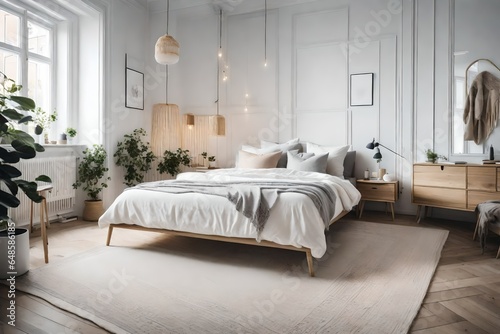 a Scandinavian bedroom with a neutral color palette of whites, grays, and beige  photo