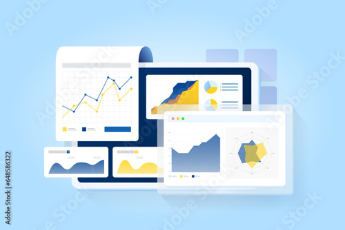 Data analytics, strategy and planning report on the desktop screen and paper with graph and blue background. Business growth up.