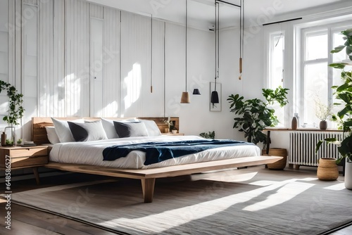 a Scandinavian bedroom with low-profile platform beds and Japanese-inspired furniture  photo