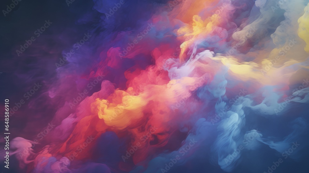A vibrant cloud of colorful smoke against a dark backdrop