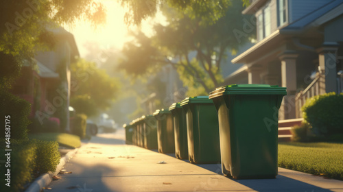 A row of green trash cans on the side of a road