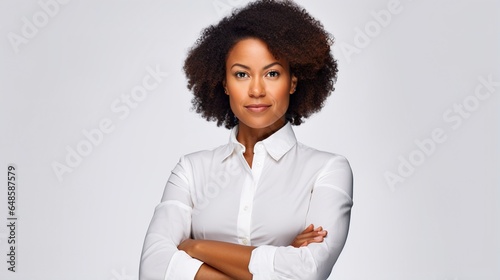 businesswoman with her arms crossed and her gaze fixed on the camera. A cheerful, smiling mid-level businesswoman stands in the workplace. generative ai